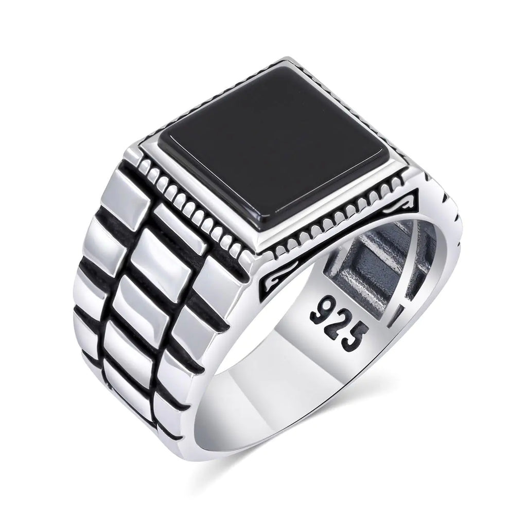 Chimoda Sterling Silver Rings for Men - Watch Band Style Mens Sterling Silver Ring with Onyx Stone Anillos Para Hombre (57ONX8)