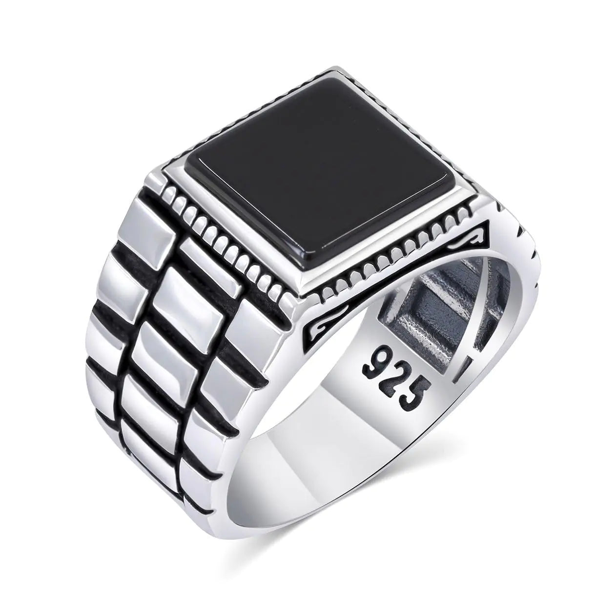 Chimoda Sterling Silver Rings for Men - Watch Band Style Mens Sterling Silver Ring with Onyx Stone Anillos Para Hombre (57ONX8)