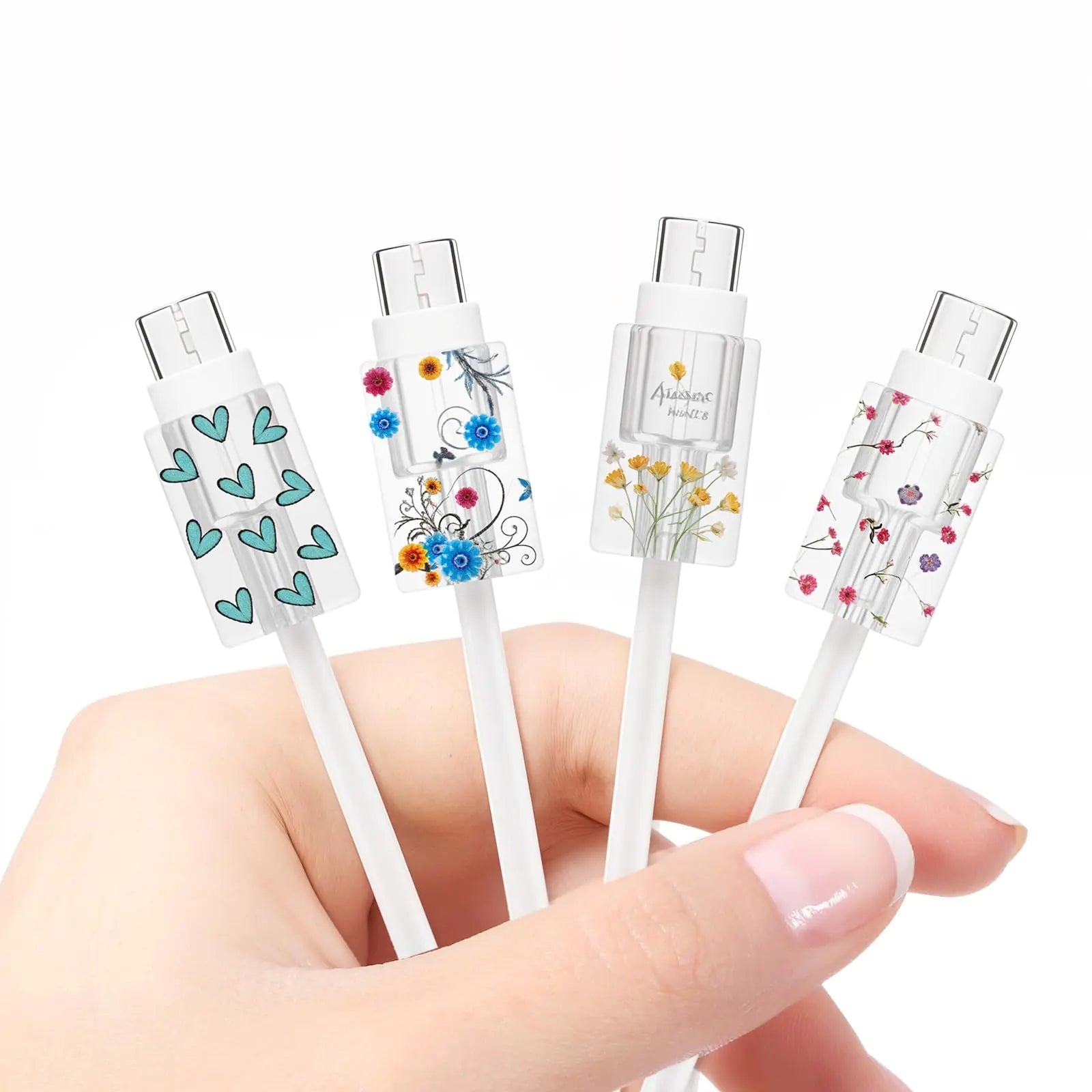 4 protectores de cable transparentes con diseño