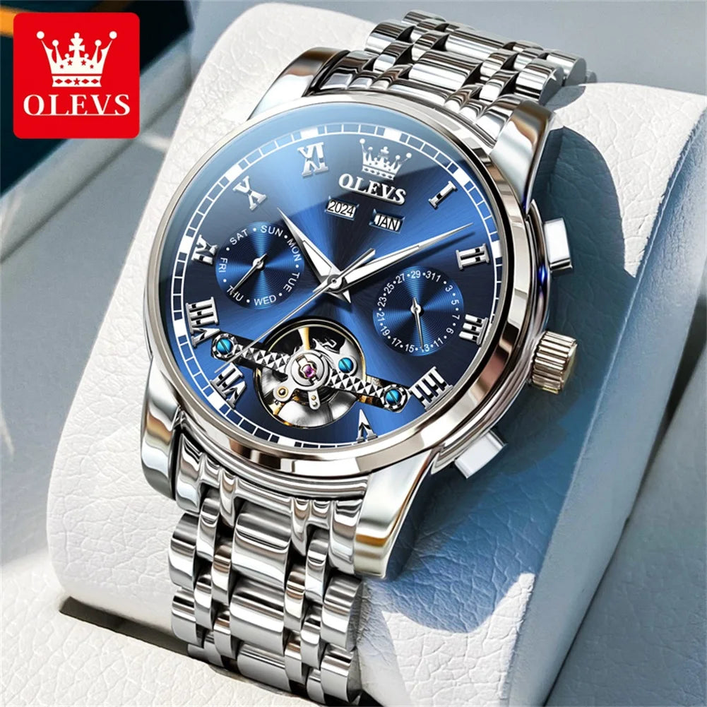 OLEVS Brand Automatic Mechanical Men Watches Waterproof Stainless Steel Strap Watch for Man Skeleton Calendar Hollow out Design