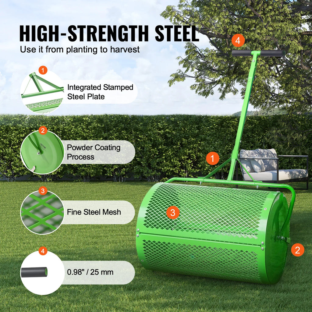 SucceBuy Compost Spreader and Peat Moss Spreader 24 in Push/Tow-Behind Roller Lawn Spreader with Height Adjustable Shaped Handle