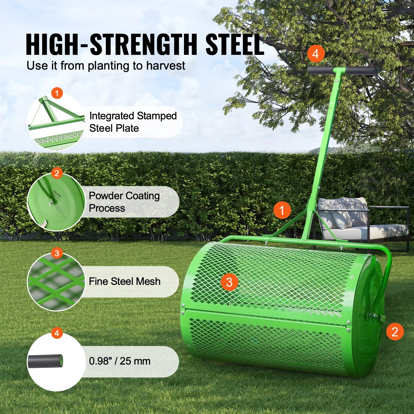 SucceBuy Compost Spreader and Peat Moss Spreader 24 in Push/Tow-Behind Roller Lawn Spreader with Height Adjustable Shaped Handle