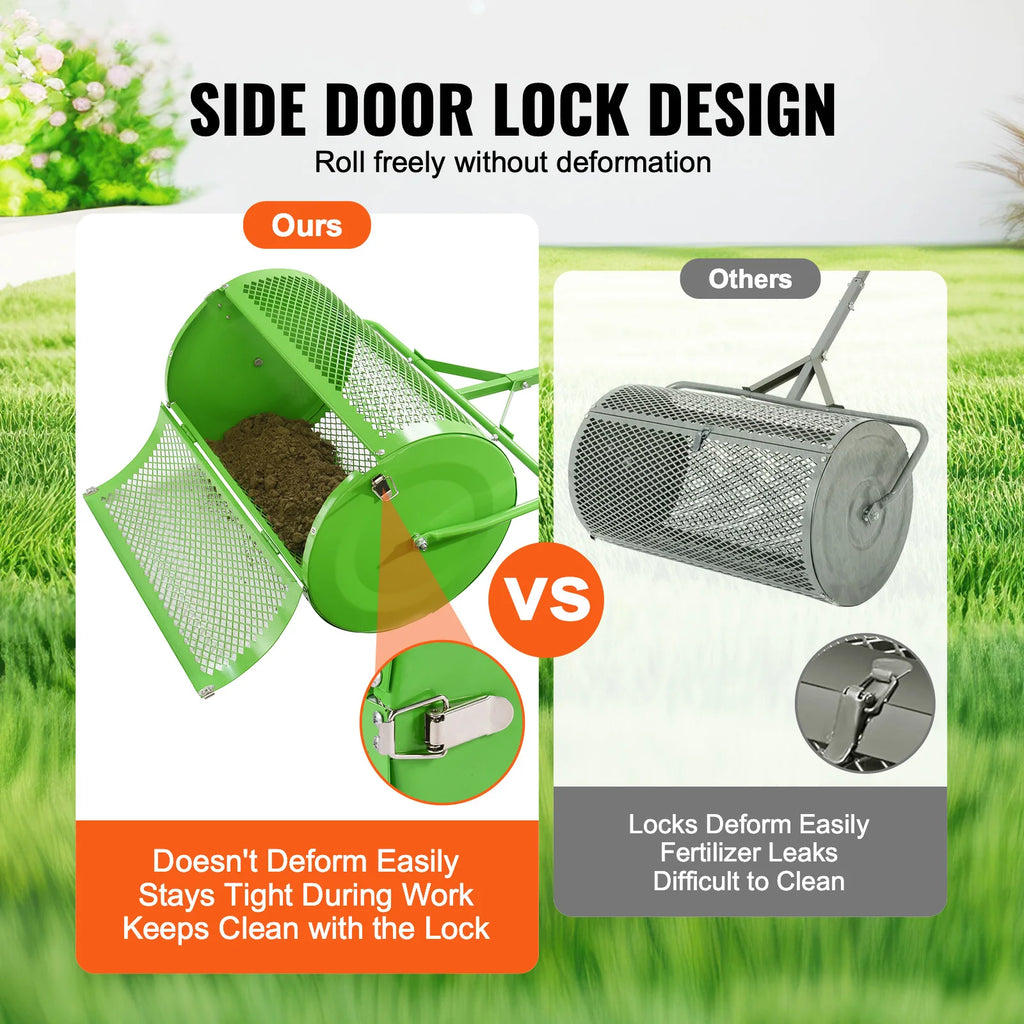 SucceBuy Compost Spreader and Peat Moss Spreader 24 in Push/Tow-Behind Roller Lawn Spreader with Height Adjustable Shaped Handle