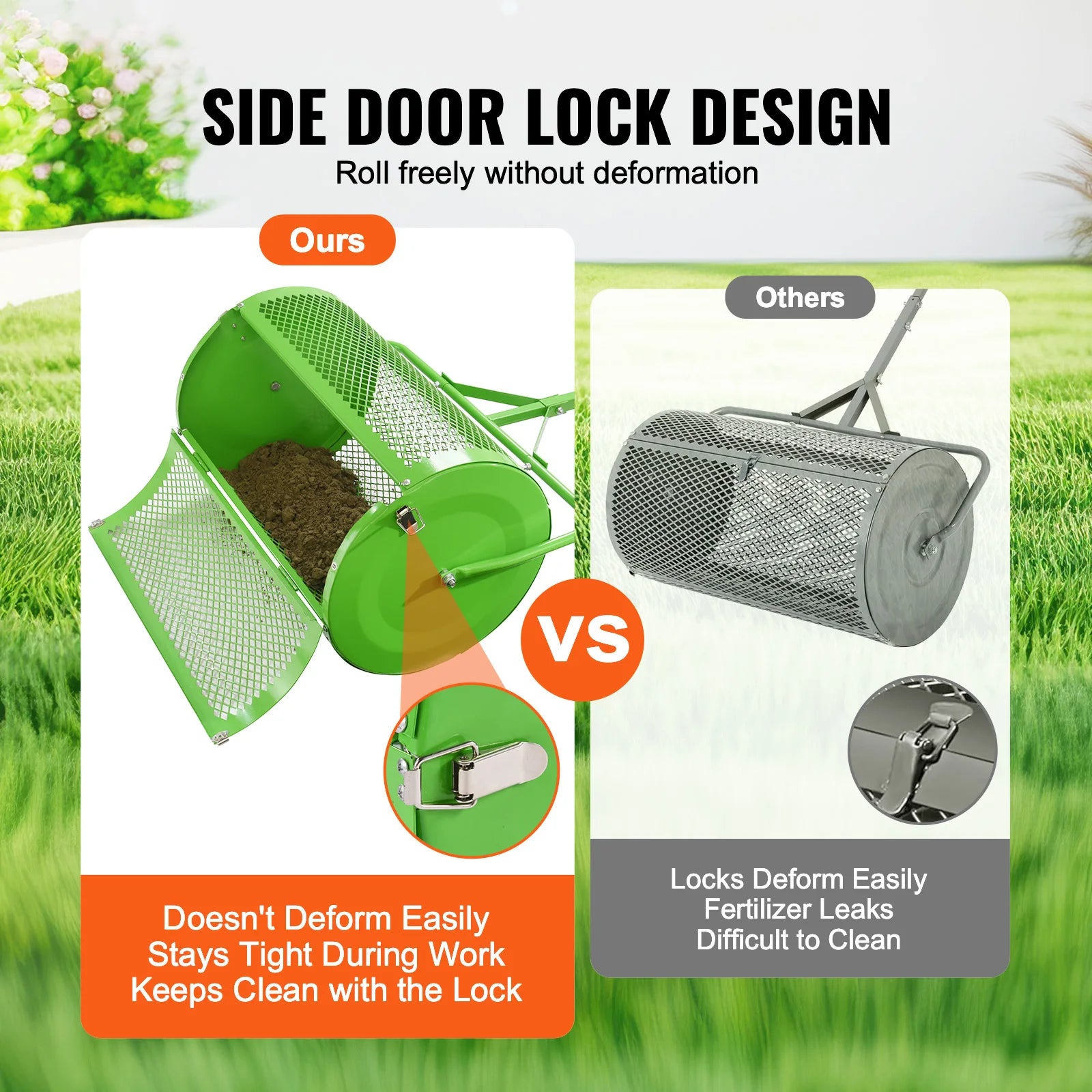 SucceBuy Compost Spreader and Peat Moss Spreader 24 in Push/Tow-Behind Roller Lawn Spreader with Height Adjustable Shaped Handle