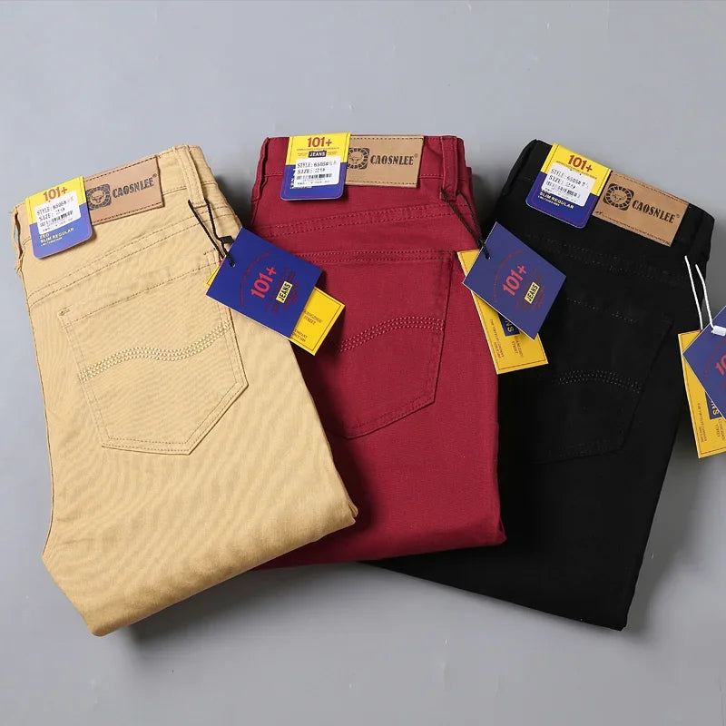 Men's Jeans Pure White Fashion Elastic Slim Youth Slimming Straight Leg Male Pants Business Casual Middle Age High End Trousers