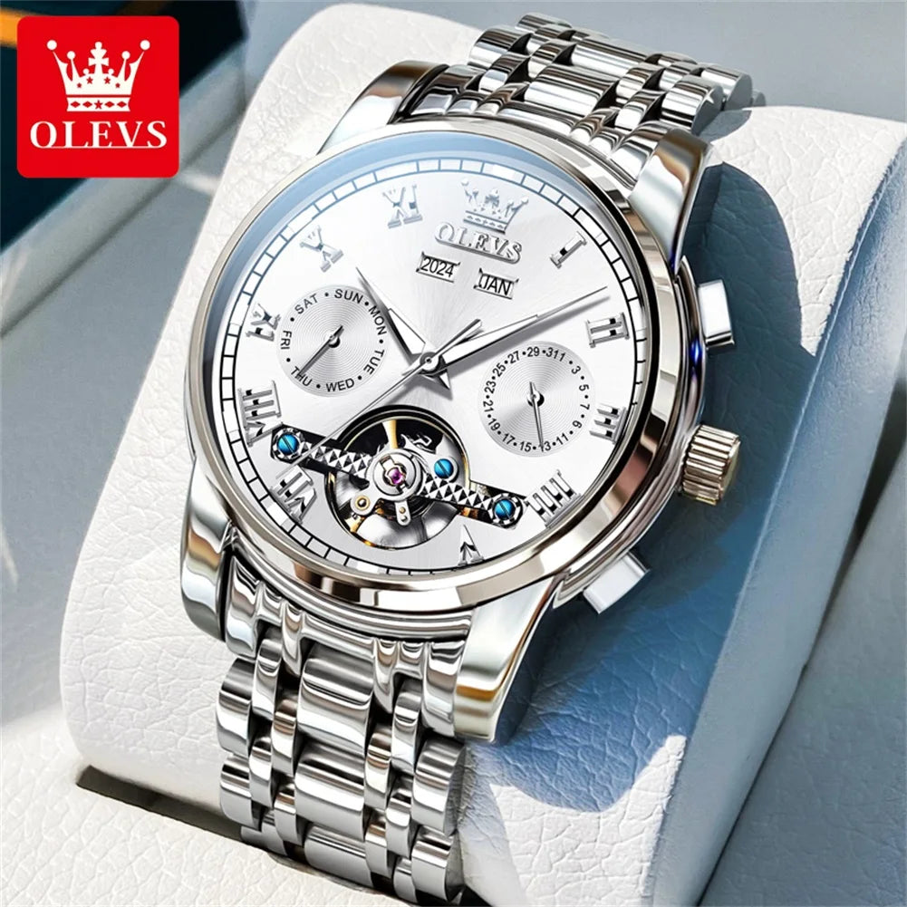 OLEVS Brand Automatic Mechanical Men Watches Waterproof Stainless Steel Strap Watch for Man Skeleton Calendar Hollow out Design