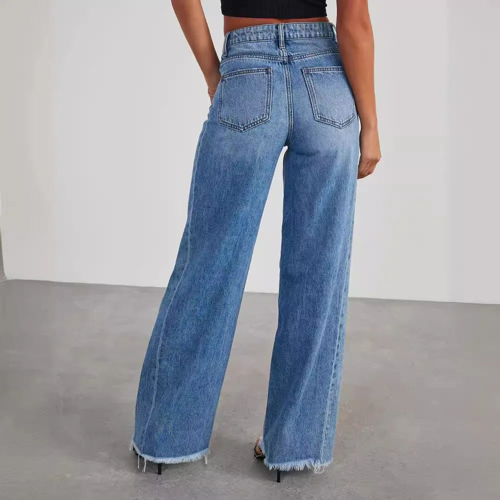 Jeans Women Straight Long Pants Casual Floor Length Mom Pant Blue High Waist Elegant Splice Pockets Slim Y2k Denim Trousers