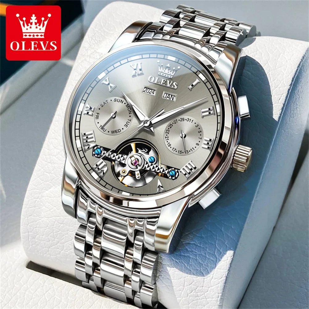 OLEVS Brand Automatic Mechanical Men Watches Waterproof Stainless Steel Strap Watch for Man Skeleton Calendar Hollow out Design