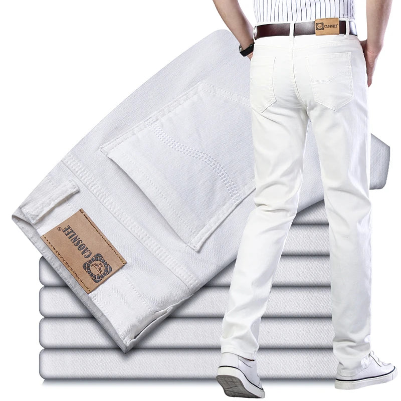Men's Jeans Pure White Fashion Elastic Slim Youth Slimming Straight Leg Male Pants Business Casual Middle Age High End Trousers