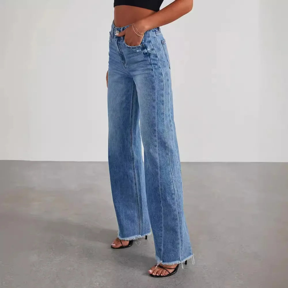 Jeans Women Straight Long Pants Casual Floor Length Mom Pant Blue High Waist Elegant Splice Pockets Slim Y2k Denim Trousers