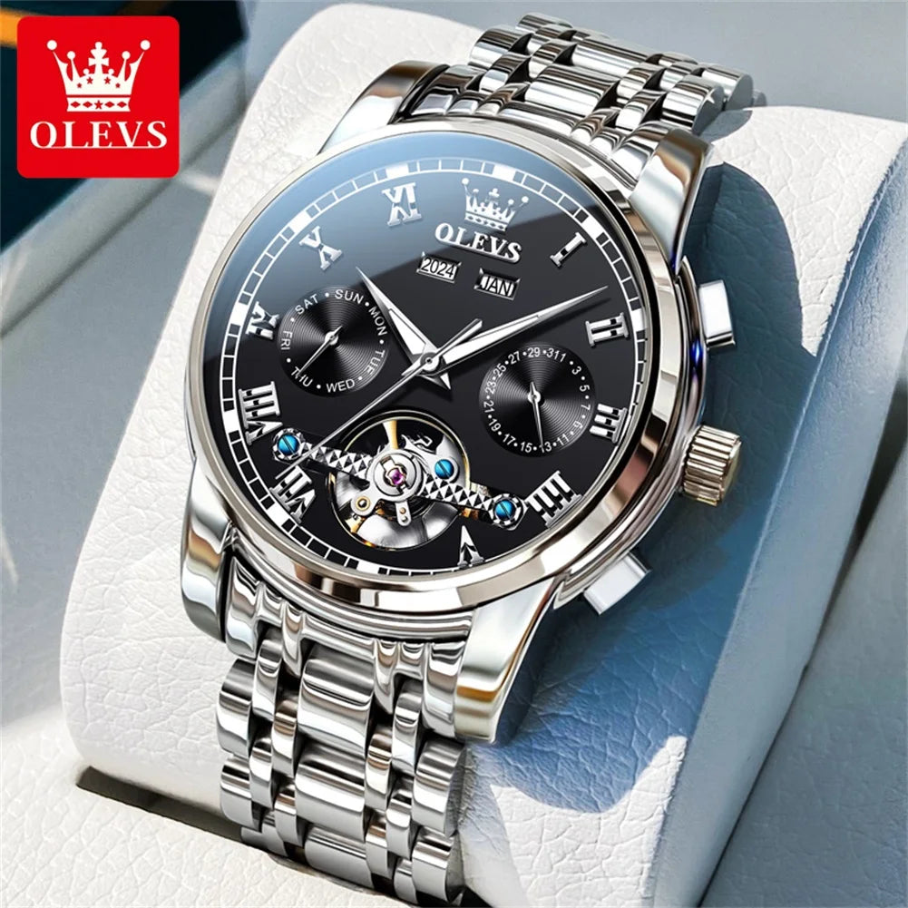 OLEVS Brand Automatic Mechanical Men Watches Waterproof Stainless Steel Strap Watch for Man Skeleton Calendar Hollow out Design