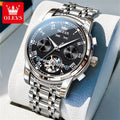 OLEVS Brand Automatic Mechanical Men Watches Waterproof Stainless Steel Strap Watch for Man Skeleton Calendar Hollow out Design