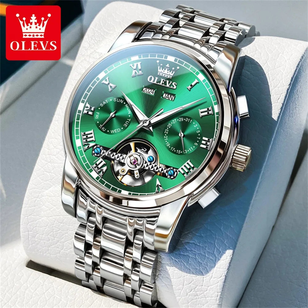 OLEVS Brand Automatic Mechanical Men Watches Waterproof Stainless Steel Strap Watch for Man Skeleton Calendar Hollow out Design