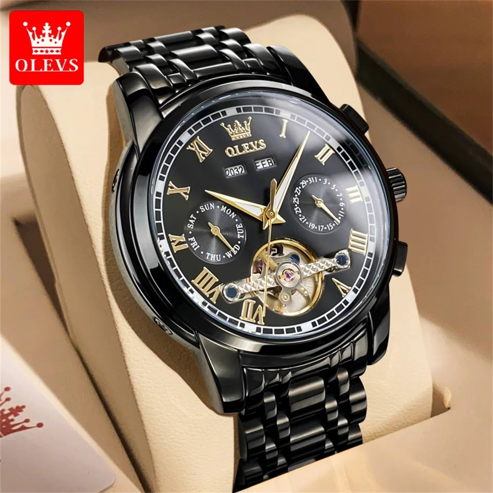 OLEVS Brand Automatic Mechanical Men Watches Waterproof Stainless Steel Strap Watch for Man Skeleton Calendar Hollow out Design