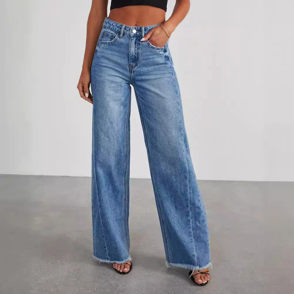 Jeans Women Straight Long Pants Casual Floor Length Mom Pant Blue High Waist Elegant Splice Pockets Slim Y2k Denim Trousers
